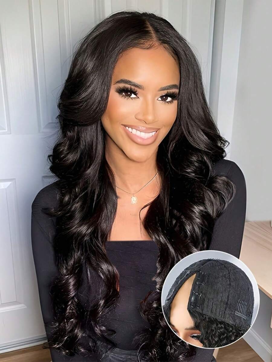 V Part Body Wave Human Hair Wig Upgrade U Part Human Hair Wigs No Sew In No Glue For Women 200 Density V Shape Thin Part Glueless Wig Clip In Half Wig Beginner Friendly Natural Black 40 Inch - Natural Black - 查看 1