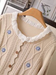 秋季女装，Cottagecore 刺绣粗针织粗线针织开衫，蕾丝花边领口，木质纽扣，宽松版型 Grandma-Core 毛衣开衫，2025 秋季女款乡村针织开衫 - 彩色 - 查看 6