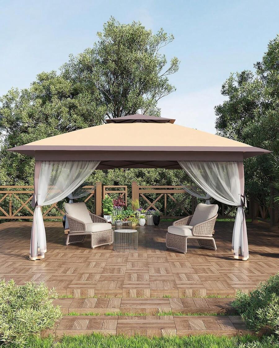 12x12 FT Gazebo Tent Outdoor Pop Up Canopy Tent With Netting, Adjustable Height Instant Gazebos For Patio Garden Backyard - Khaki -12 * 12ft - View 1