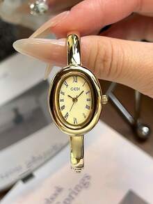 gedi 1pc Ladies Elegant Style Quartz Watch Luxury Oval Dial Push Button Design Wear Suitable For Dress Party Daily Wear Gift For Women Valentine's Day Gift - Gold - View 2