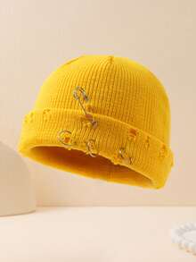 1pc Men's Solid Color Metal Ring Knit Beanie Hat, Minimalist Fashion Versatile Warm Knit Cap For Outdoor, Autumn/Winter Daily Wear Fall Outfit - A - View 4