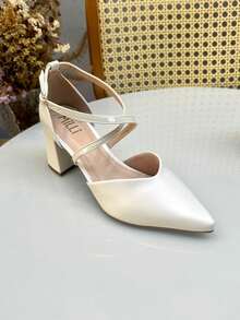 NEW! Pumps With Block Heel, Cross Straps, Pointed Toe, Elegant, Comfortable, Napa - Champagne - View 3