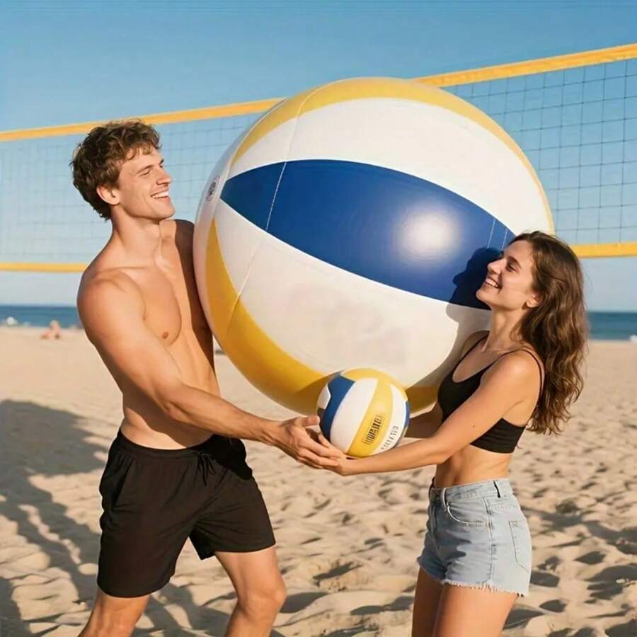 1pc Giant Inflatable Volleyball, Durable PVC Beach Ball With Vibrant Blue & Yellow Stripes And Heart Design | Lightweight, Suitable For Pool, Beach, Outdoor Games | Perfect For Family Fun, Team Building Parties, Camping Trips, Beach Parties, Holiday Gifts (Christmas, Valentine's Day), Volleyball Gifts, Outdoor Games, Water Sports