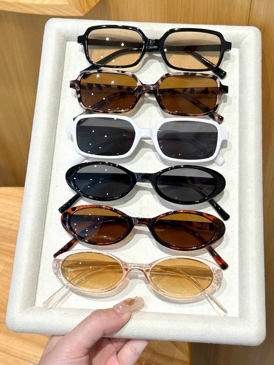 6pcs Leopard Print Multicolor Plastic Geometric Full Frame Decorative Modern Minimalist Style Ins Glasses Sets For Women, Suitable For Holiday Gifts, Cosplay, Summer Driving, Back To School, Beach Party, Weekend Outfit, Outdoor Wear, Fits All Face Shapes - 6pcs 黑白灰香檳白豆花透茶組合 - 查看 1