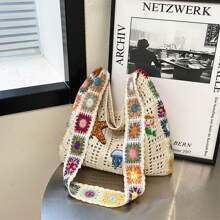 Marine Life Pattern Vintage Hollow Tote Bag, Large Capacity, Starfish & Mermaid Embroidery, Sequin, Shiny Mesh, Knitted Hollow Summer Beach Bag, Shoulder Strap, Women Casual Crochet Handbag, Y2K Shoulder Bag, Suitable For Beach, Holiday, Travel, Gift For Her