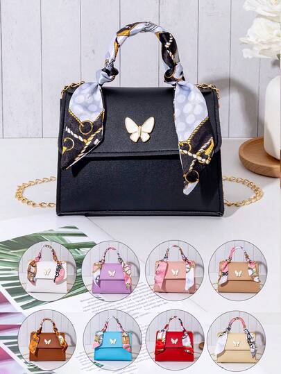 1pc Girls' Scarf Decor Flat Handbag, Butterfly Accessory Crossbody Shoulder Bag, Wallet, Coin Purse, Suitable For Daily Use, Party, Ideal Gift
