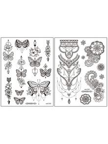 STARTTOOS 2 件/3 件/4 件黑白蕾丝指甲花、蝴蝶、新月和流苏图案临时防水人体艺术纹身贴纸，适合日常、派对、节日礼物、手腕、肩膀、颈部、锁骨 - 黑色 - 查看 16