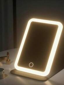 1个皮革LED化妆镜,梳妆镜,便携式高清化妆镜,亮度可调,可折叠,带支架和三色灯光,三折设计,内置可充电电池,USB充电,旅行必备,触摸屏调光化妆镜,送给女性的完美礼物,情人节礼物,圣诞节礼物 - 彩色 - 查看 3