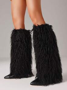Y2K Style EdgyElongate Women's Winter Furry Snow Boots Women's Knee High Boots Faux Fur Shoes Pointy Toe Chunky Heel Cowboy Fashion Warm Fluffy Shoes - 黑色 - 查看 10