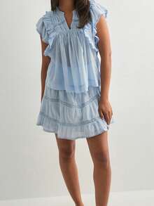 Women's Summer Loose Tank Tops Solid Color Lace Trim Flying Sleeve V-Neck Loose Fit Vest Streetwear - Blue - View 3