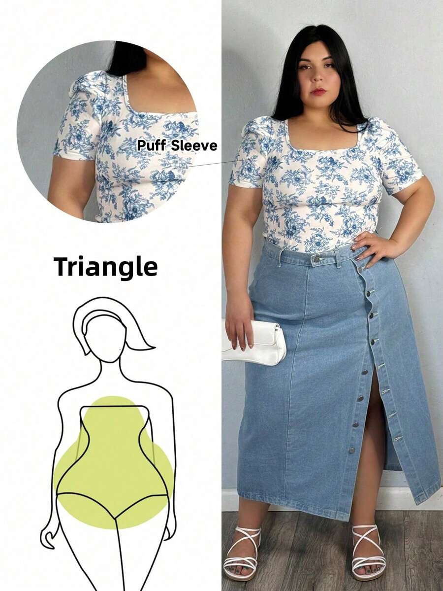 Truni Elyhuante_03 Plus Allover Floral Print Puff Sleeve Tee, For Pear Triangle Body Shape - Blue and White - View 1
