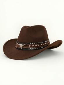 1pc Western Cowboy Hat, Unisex, With Detachable Silver Bull Head Decor Band, Suitable For Casual Everyday Wear, Holidays, And Western-Themed Parties - Multicolor - View 5