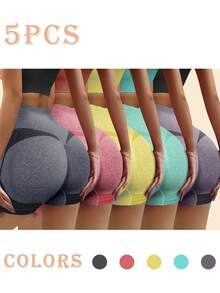 [Seamless Yoga Shorts] 5pcs High-Waist Seamless Stretch Yoga Shorts   Sports Cycling Fitness Shorts For Women Internet Celebrity Peach Hip Three-Point - 彩色 - 查看 1