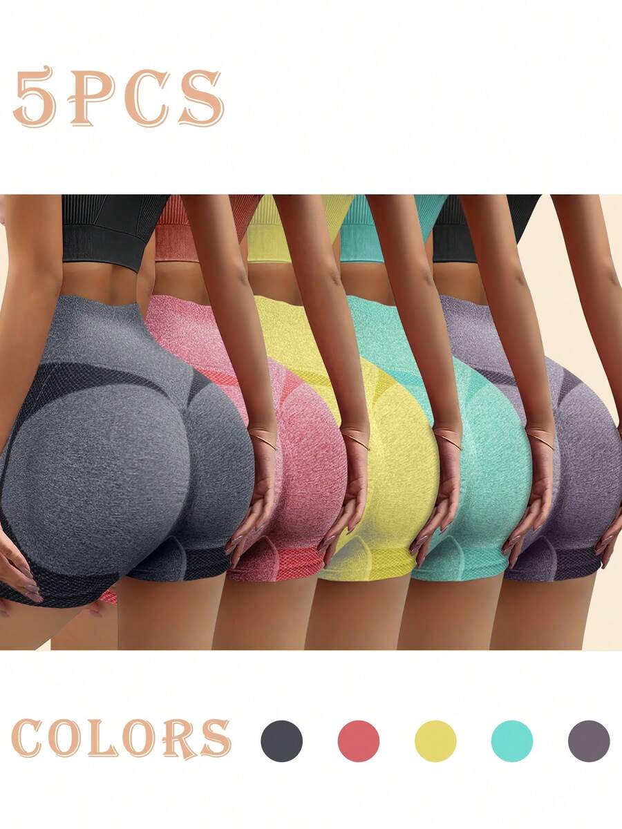 [Seamless Yoga Shorts] 5pcs High-Waist Seamless Stretch Yoga Shorts   Sports Cycling Fitness Shorts For Women Internet Celebrity Peach Hip Three-Point - 彩色 - 查看 1