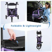 WALK MATE Andador con ruedas de 3 ruedas y 8 pulgadas de aluminio, plegable y ligero, con asiento y respaldo, bolsa - Morado - Ver 3