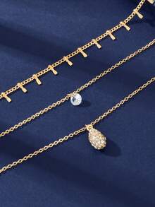 3pcs Set Women Gold Multilayer Chain Water Drop Pendant Necklace, Suitable For Daily, Social, And Gathering Occasions - Gold - View 4