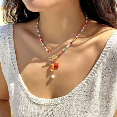 1 件夏季海滩风格陶瓷鱼和海星流苏珍珠串珠 OT 扣项链，适合女性作为度假配饰、约会、礼物