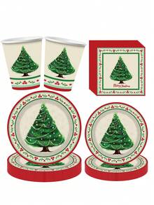 10pcs Christmas Party Disposable Tableware Set, Christmas Tree Disposable Tableware Includes: Paper Plate, Dessert Plate And Napkin, Perfect For Christmas Party Decoration