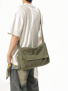 1pc Military Green Vintage Minimalist Flap Shoulder Bag, Thick Washed Canvas Casual Versatile Large Capacity Messenger Bag, American College Style, Suitable For School, Short Trip, Simple Street Bag - Army Green - View 6