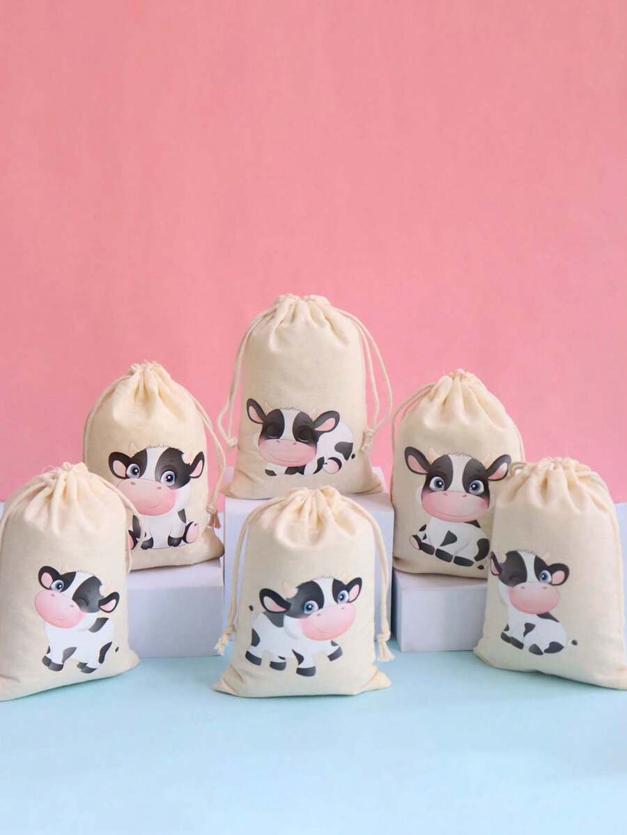 10*15cm Sac à cordon de thème de la ferme des animaux, sac à motif de vache de dessin animé mignon, sac cadeau pratique convenant pour la fête, l'emballage de cadeau d'anniversaire, avec de multiples designs de vache de dessin animé, sac de décoration de vacances chaleureux et intéressant