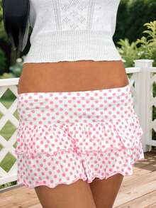 Layered Ruffle Mini Skirt For Women Summer Dots/Stripe/Heart Print/Solid Color High Waist Short Skirts - 粉色 - 查看 2