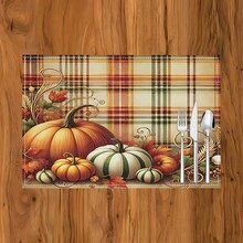 1 pieza/4 piezas/6 piezas Manteles individuales de lino con estampado de calabaza, decoración de Acción de Gracias, adecuados para mesa de comedor, todo el año, manteles de mesa modernos lavables, decoración del hogar, manteles individuales, posavasos, alfombrillas de cocina y comedor, decoraciones de fiesta interior y exterior, regalo ideal
