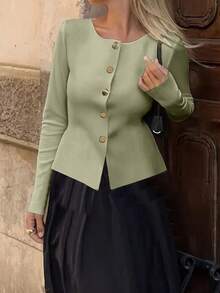 Live To Mo 秋季女装橄榄绿长袖开衫，饰有纽扣 - 商务休闲女装，适合办公室和日常穿着 - 綠色 - 查看 9