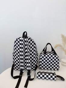 3件套返校背包套装，个性化时尚大容量背包+手提包+铅笔盒，多功能背包带笔记本电脑隔层，格子图案耐用尼龙书包，可调节肩带，防水，宽敞多口袋，轻便易携，拉链设计，适合女性、青少年和男性，也适合户外旅行、中学、高中和大学使用。 - 黑色 - 查看 6