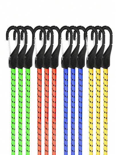 12pcs High Elastic Rubber Bungee Cords With Round Buckle Plates, Suitable For Outdoor Camping, Motorcycle, Bicycle, Luggage Carrier, Can Hold Up To 35kg, Hooks Adjustable Tie Down Strap Set