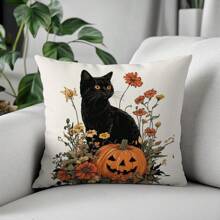 1pc Halloween Black Cat & Pumpkin Illustration Cushion Cover, Soft Peach Velvet Material, 45*45CM Pillow Case Suitable For Room Decor, Indoor Living Room Sofa Decor, Party Decoration, Decorative Pillow Cover Gift