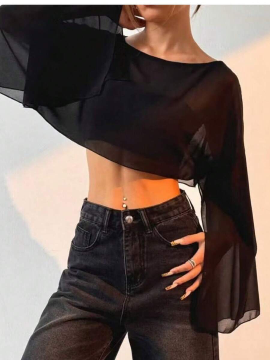 Cropped Cape Flare Sleeve Tulle Simple Asymmetric Beach Top - Rỉ Nâu - Xem 1