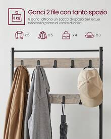 Appendiabiti, Armadio da ingresso, Spogliatoio, Stand appendiabiti, con panca e scarpiera, ganci, telaio in metallo 32 x 70 x 177 cm, stile moderno, col stile industriale,grezzo e nero, Regalo Natale - Grigio - Visualizzare 4