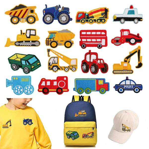 16 Stücke Eisen-auf-Patches mit LKW-Motiv, besticktes Ingenieurkraftfahrzeug-Patch, Eisen-auf-DIY-Patches, bestickter Applikation, Fahrzeug-Patch für Knie, Hosen, Kleidung, Rucksack