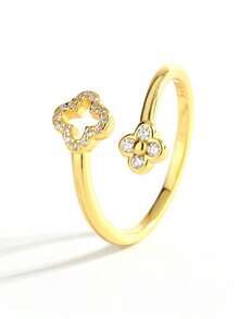 1pc 925 Sterling Silver 14K Gold Plated Minimalist Hollow Four-Leaf Clover Midi Ring, Small Size Suitable For Pinky Finger, Double Clover Cubic Zirconia Design, Silver Jewelry Gift For Birthday, Valentine's Day