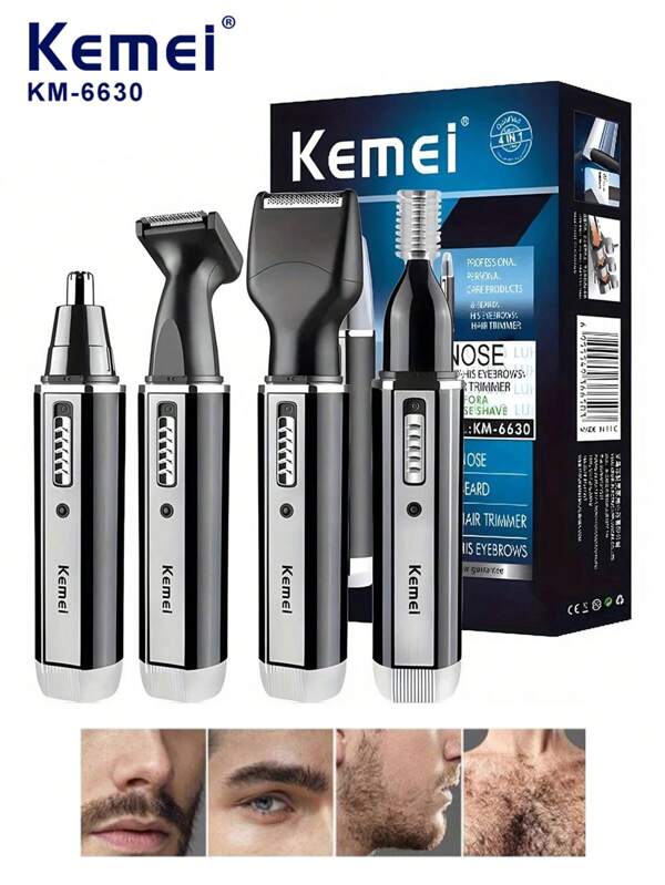 Kemei 1 pièce KM-6630 Rasoir électrique polyvalent 4 en 1 pour les oreilles/sourcils/nez, rechargeable, tondeuse à barbe multifonctionnelle pour hommes, kit de rasage et d'épilation