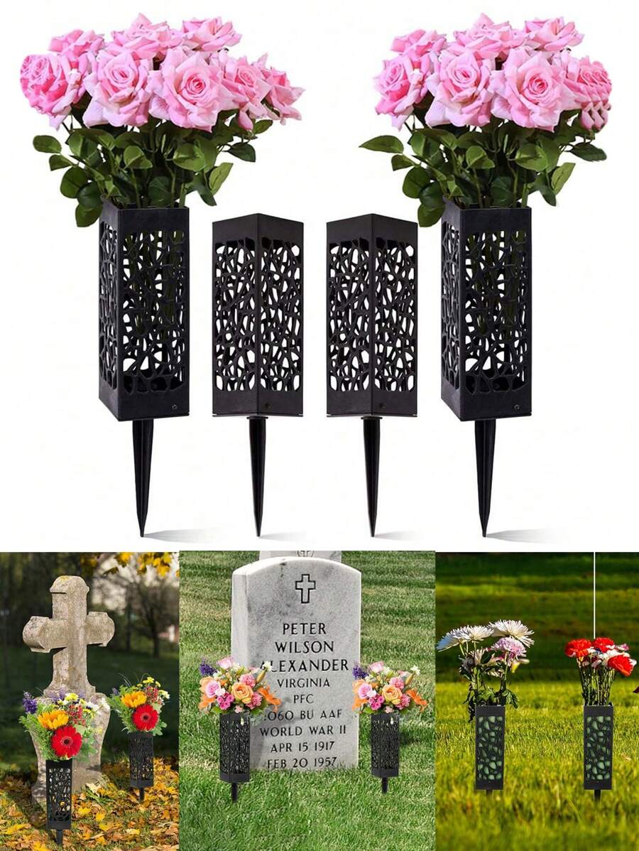 2pcs-Memorial Flower Stand Grave Vases For Cemetery With Stake,Courtyard Decoration Square Cemetery Flowerpot With Spike Ground Outdoor Plant Sign Decoration