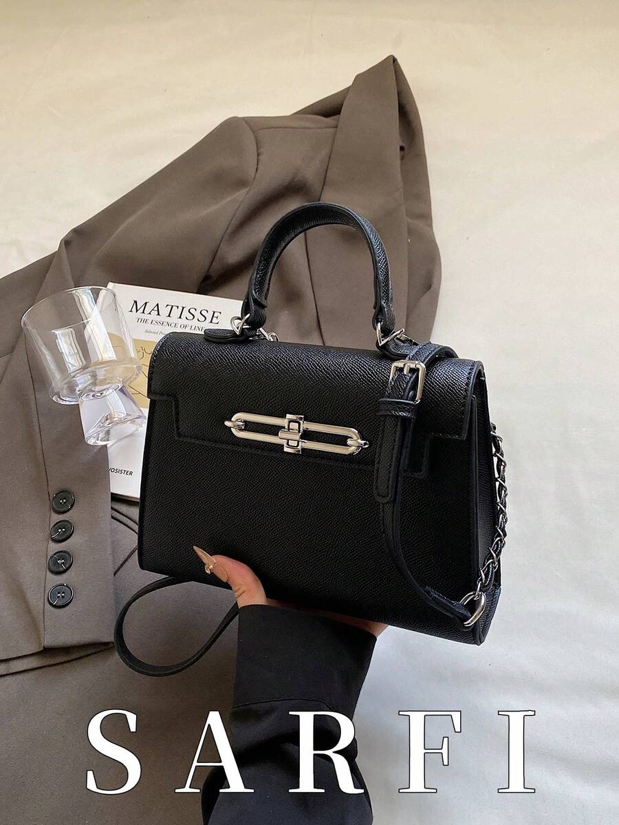 高级简约风格纯色女士手提包，时尚简约可调节肩带斜挎包，优雅五金锁扣单肩托特包，锁扣多功能轻便斜挎包