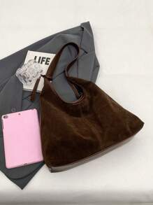 复古绒面革大容量休闲单肩托特包，拼布拼色托特包，优雅百搭女士通勤包 - 咖啡棕 - 查看 8