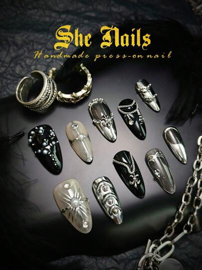 Cute Baroque Black Nails Fake Nails With DIY 10pcs Gothic Style Junk Punk Baroque Metal Style Almond/Stiletto Shaped Acrylic Handmade French Tip Press On Nails: Black Nails, White Nails Silver Nails, Metal Style And Heavy Music Rock Style, Hand-Painted 3D Cross, Metal Color Chain, Sparkling Diamond And Small Pearl Elements Decoration With Free Gel, A Must-Have For Handsome Guys, Cool Girls And Hot Girl!