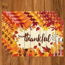 1 pieza/4 piezas/6 piezas Manteles individuales de lino con estampado de calabaza, decoración de Acción de Gracias, adecuados para mesa de comedor, todo el año, manteles de mesa modernos lavables, decoración del hogar, manteles individuales, posavasos, alfombrillas de cocina y comedor, decoraciones de fiesta interior y exterior, regalo ideal