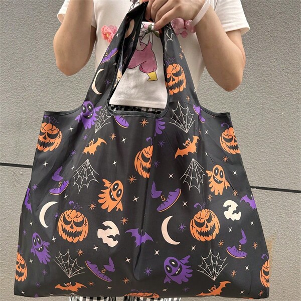 1pc Halloween Large Capacity Portable Shopping Bag, Creepy Pumpkin Demon Shoulder Tote Bag, Random Print Design, Excellent Halloween Gift