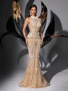 Luxury Handmade Beaded Sequin Backless Formal Dress, V-Neck - Champagne - View 5