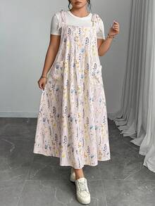 Plus Size Floral Print Women Double Pocket Strap Midi Dress - Pink - View 3