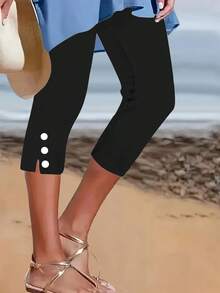 2pcs Women's Solid Color Capri Pants With Button Details - Medium Elasticity, Machine Washable, All-Season Casual Wear For Adults, Comfortable Leisurewear | Sleek Capri Pants | Stretchable Fabric, Capri Leggings - 黑色+白色 - 查看 5