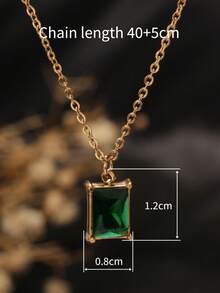 1件不锈钢长方形绿色锆石吊坠，人造玉石，适合女士参加派对和日常佩戴 - 金色 - 查看 2