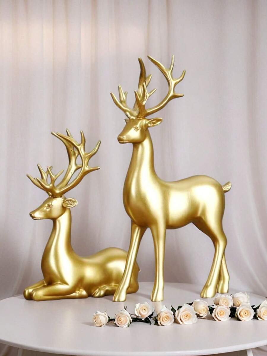 2pcs Gold Decorative Figurines, Gold Couple Reindeer, Angel, Small Gold Elephant, Suitable For Living Room, Wine Cabinet, Hotel, Restaurant Table Decor, Also Can Be Valentine's Day Gift