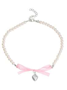 1pc French Pink Heart & Bow Pearl Necklace, Unique Design Sweet & Innocent Choker For Girls - Pink - View 4