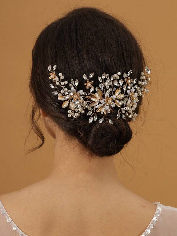 1pc Women's Handmade Golden Leaf Hair Comb, Romantic Purple Crystal Headpiece, Elegant Green Mori Style Princess Pearl Hair Accessory