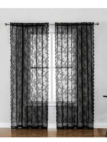 2 Panels Floral Lace Sheer Curtains Black For Living Room Elegant Floral Rose Knitted Embroidery Curtains Light Weight Rod Pocket Tulle Voile Window Treatment Sets - 黑色 - 查看 3