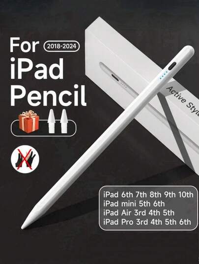 这款触控笔兼容 Apple iPad/iPad Pro/Air/Mini 2018-2025 款，可与 Apple Pencil 兼容替换。它具有倾斜功能、防误触和磁吸连接功能 - 兼容 iPad Air 3/4/5、iPad Mini 5/6、iPad 6/7/8/9/10、iPad Pro 11 英寸/12.9 英寸，120mAh 可充电电池，并附带两个可更换笔尖。